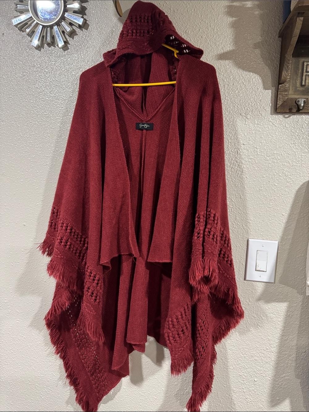 Jessica Simpson Hooded Fringe Poncho Sweater - Burgundy